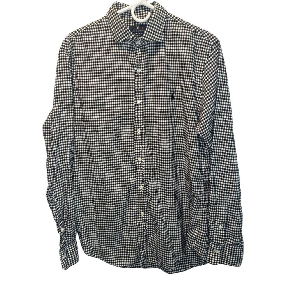Polo Ralph Lauren Mens Black Gingham Button Down Shirt Slim Fit Large Preppy